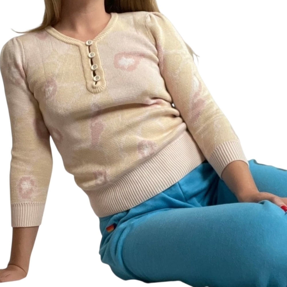 Marc By Marc Jacobs Y2K Floral Knit Henley Sweater Medium Pink Cream Coquette - Picture 2 of 15